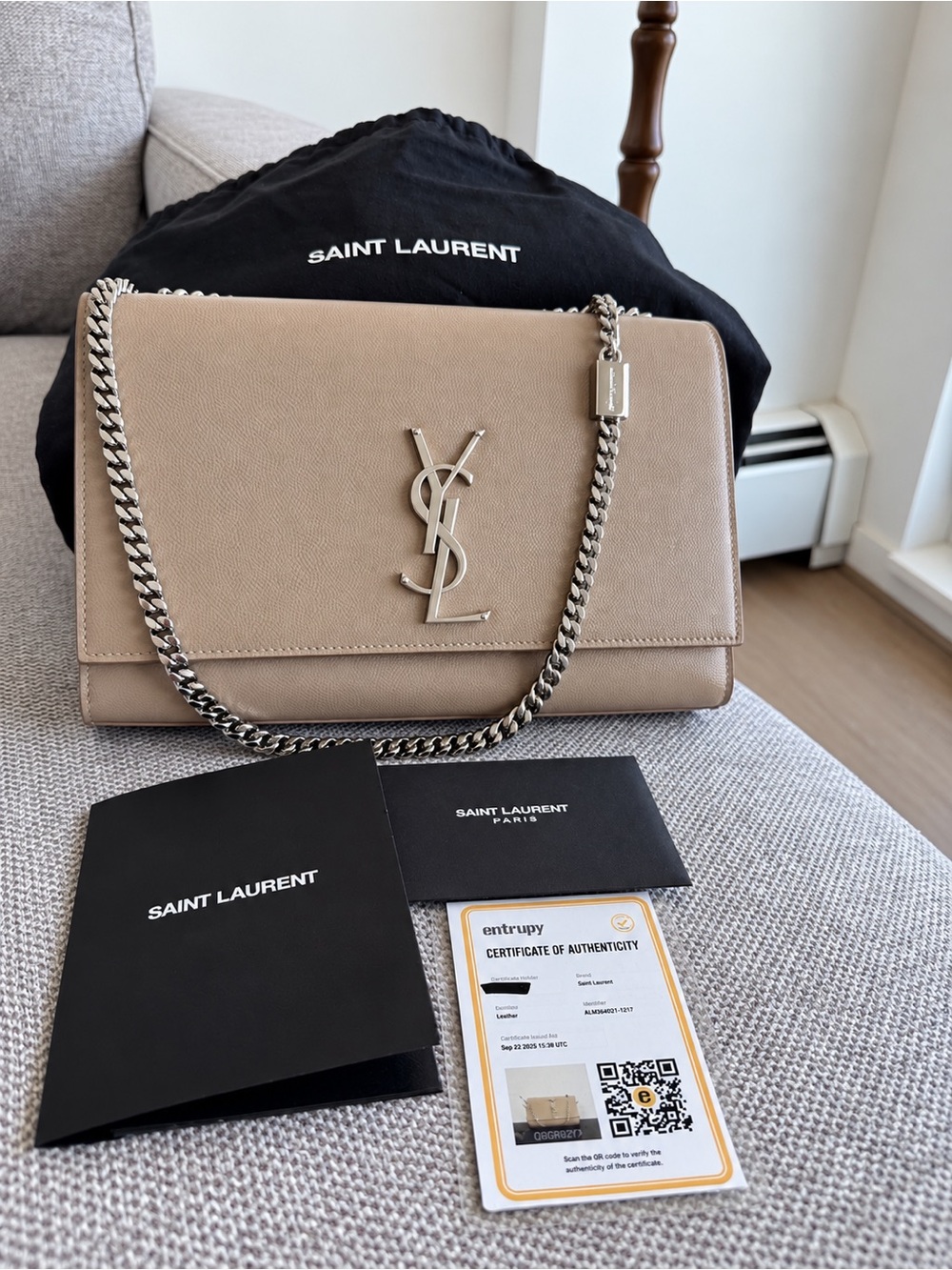 Saint Laurent Taupe Leather Chain Shoulder Bag with Silver YSL Logo